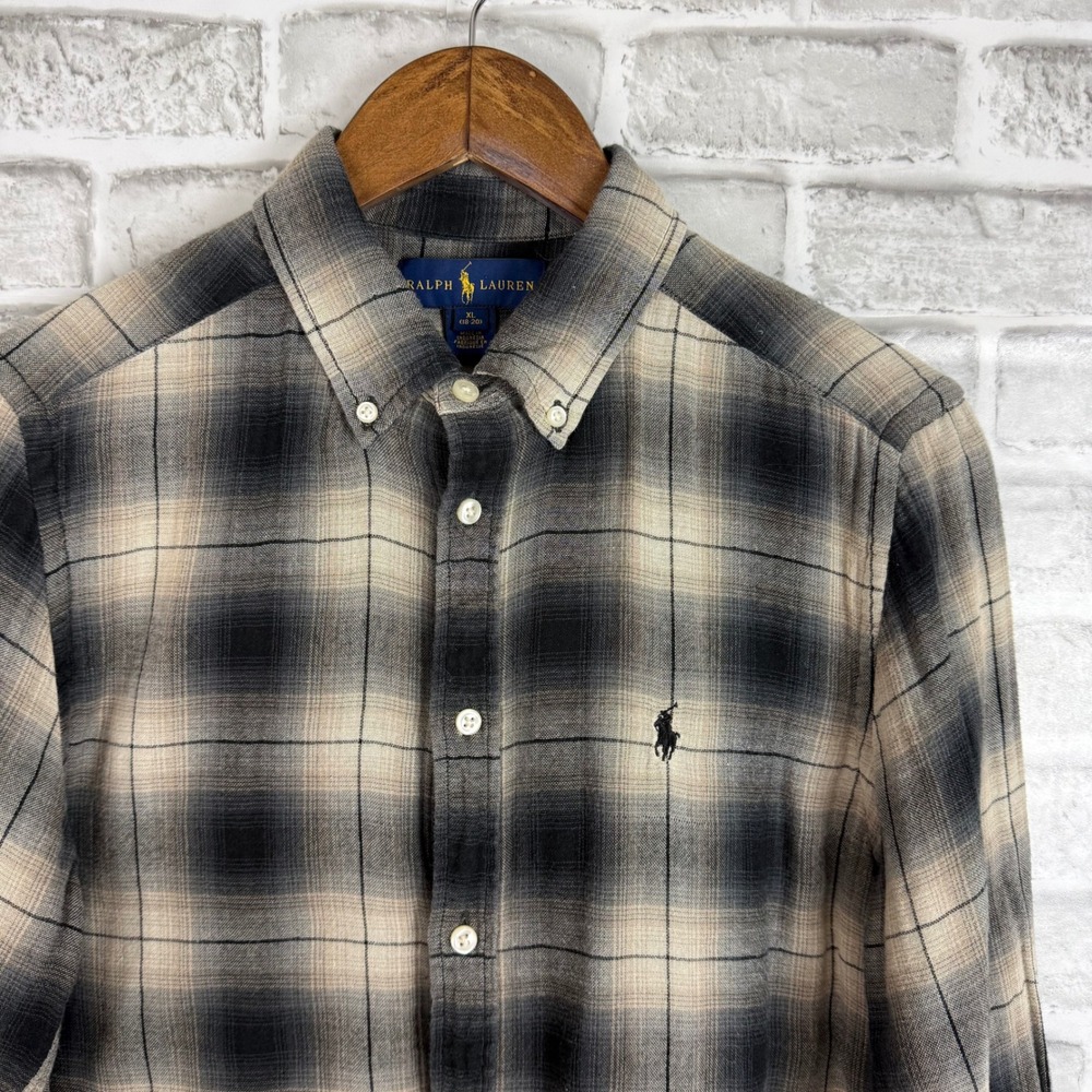 Ralph Lauren Boys XL 18-20 Grey Black Plaid Lightweight Flannel Shirt Pony Logo